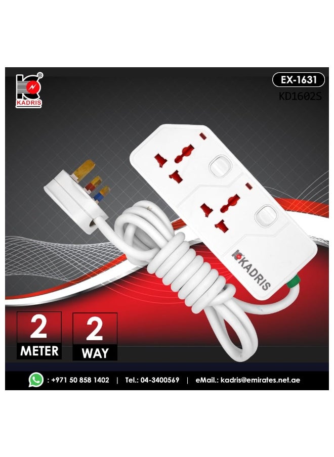 KADRIS - Power Strips KD1602S Heavy Duty Extension Cord with 2 way Outlets with switches, Charging Socket with 2 meter Heat resistant  Extension Cord (White) - Image 1