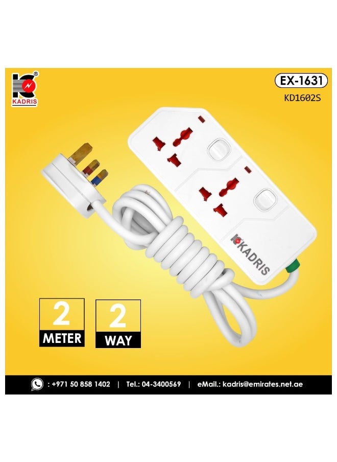 KADRIS - Power Strips KD1602S Heavy Duty Extension Cord with 2 way Outlets with switches, Charging Socket with 2 meter Heat resistant  Extension Cord (White) - Image 1