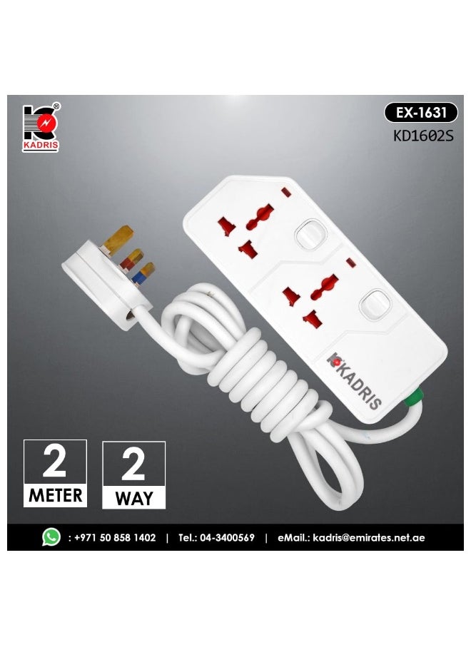 KADRIS - Power Strips KD1602S Heavy Duty Extension Cord with 2 way Outlets with switches, Charging Socket with 2 meter Heat resistant  Extension Cord (White) - Image 1