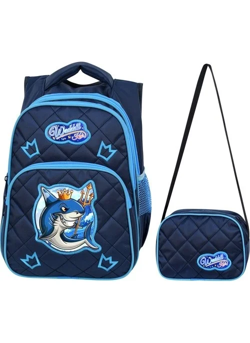 واديل Navy Blue Shark Pattern Primary School Bag with Lunch Box 24006