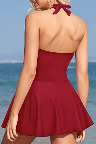 SHEKINI Women's Halter One Piece Skirt Swimsuits Ruched Swimdress Tummy Control Bathing Suit(Wine red, Large - Image 2