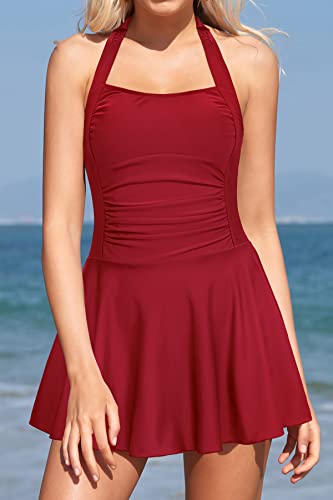 SHEKINI Women's Halter One Piece Skirt Swimsuits Ruched Swimdress Tummy Control Bathing Suit(Wine red, Large - Image 5
