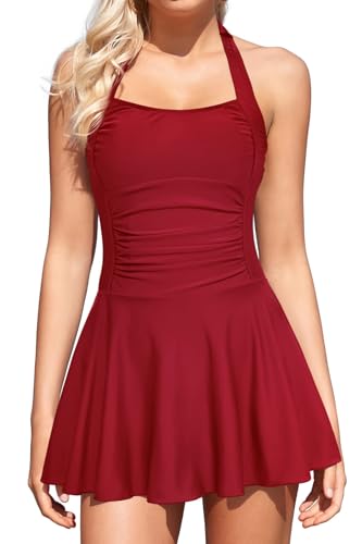 SHEKINI Women's Halter One Piece Skirt Swimsuits Ruched Swimdress Tummy Control Bathing Suit(Wine red, Large - Image 1