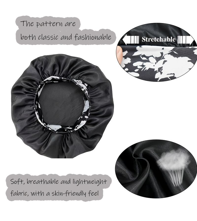 Set Of 3 Satin Sleep Bonnets For Women Curly Hair Elastic Wide Band Black - Image 2