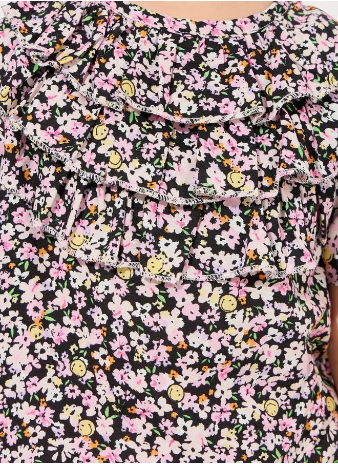 Styli Floral Print Ruffle Top & Shorts Set