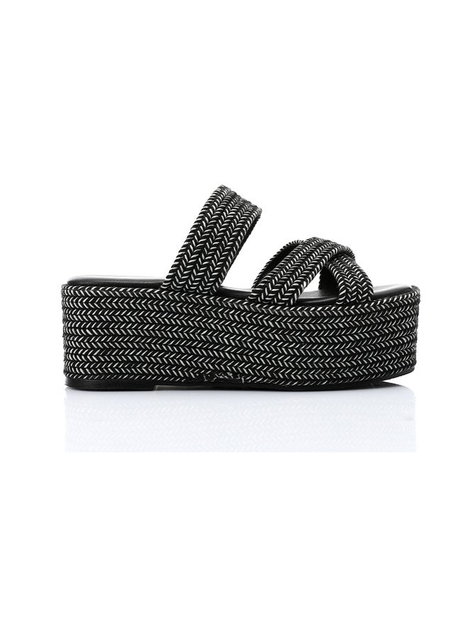 شبشب بكعب مضفر وأشرطة متقاطعة - أسود وأبيض