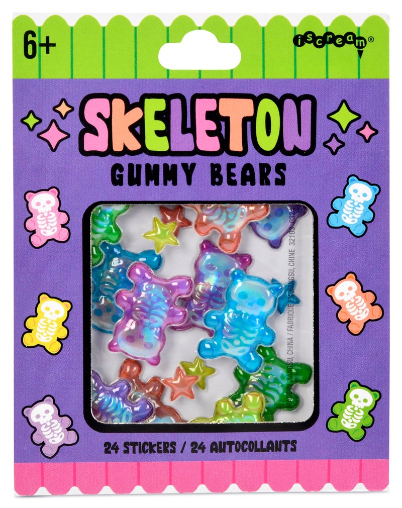 iscream Spooky Season Halloween Gummy Bear Skeletons Soft Puffy Gel 24-piece Sticker Pack - Image 1