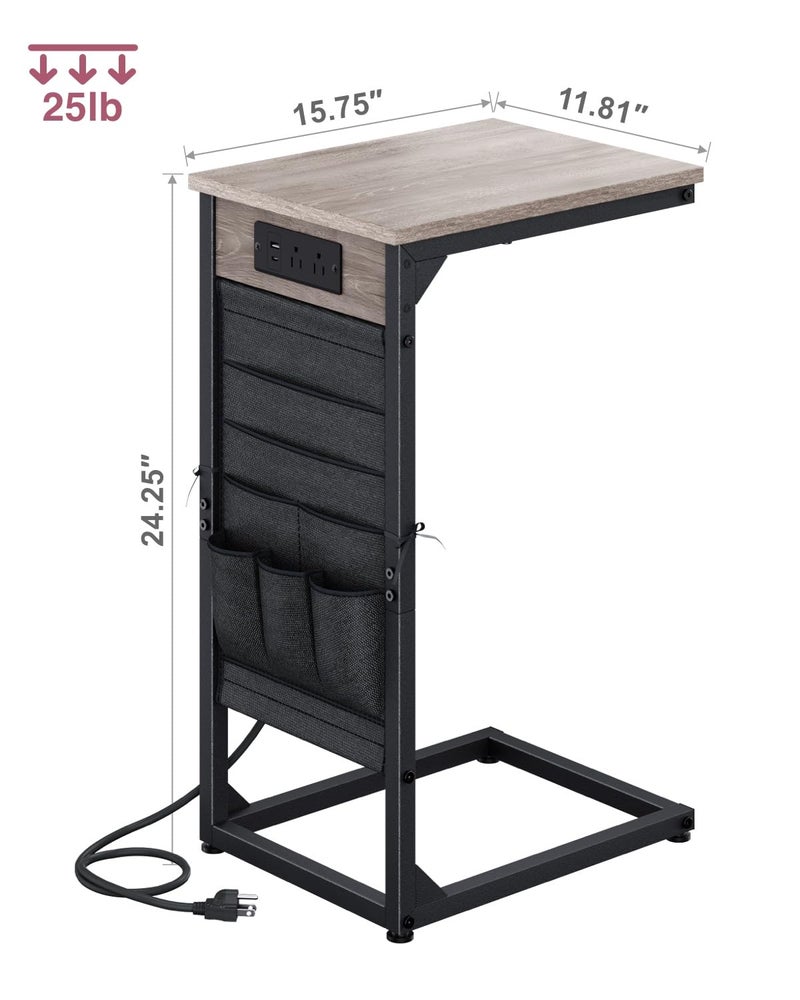 NEFROM C-Shaped End Table with Fast-Charging Station, Small Couch Side Table with Storage Bag, Sofa TV Tray Table for Living Room, Bedroom, Bedside ET-GY-1 - Image 3