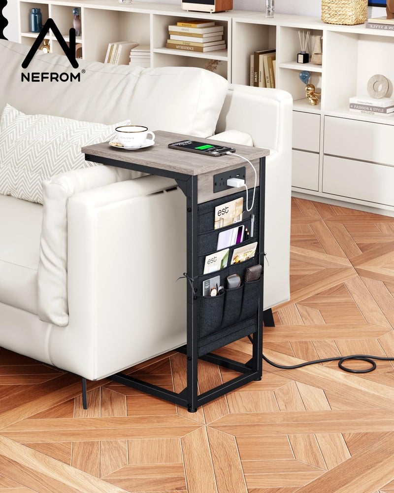 NEFROM C-Shaped End Table with Fast-Charging Station, Small Couch Side Table with Storage Bag, Sofa TV Tray Table for Living Room, Bedroom, Bedside ET-GY-1 - Image 5