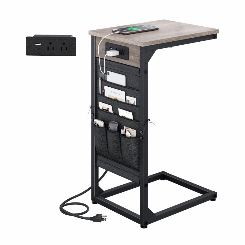 NEFROM C-Shaped End Table with Fast-Charging Station, Small Couch Side Table with Storage Bag, Sofa TV Tray Table for Living Room, Bedroom, Bedside ET-GY-1 - Image 1