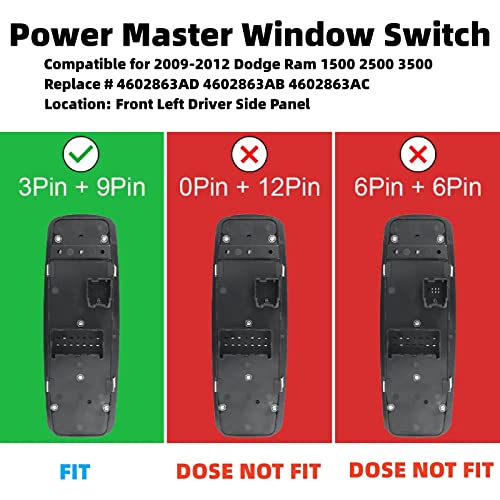 MOJTBE Driver Side Power Master Control Window Switch Replacement for 2009-2012 Dodge Ram 1500 2500 3500, OE Replace 4602863AD 4602863AB 4602863AC 901-473 - Image 4