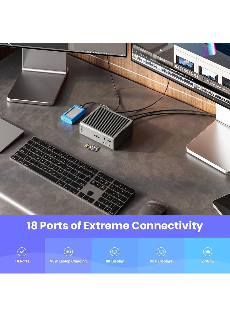 TS4 Thunderbolt 4 Dock - 18 Ports, 98W Charging, 3x Thunderbolt 4 40Gb/s, 5 x USB-A, 3 x USB-C (10Gb/s), 2.5GbE, Single 8K or Dual 6K 60Hz Displays, Mac, PC, Chrome Compatible with 0.8m Cable