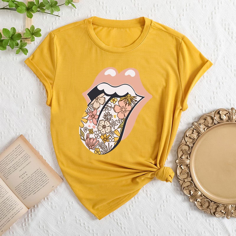 2025 Foreign Trade Womens Independent Station Temu Clothing Cross-border E-commerce ebay Amazon Lickitone Printed Polyester Ammonia T-shirt Yellow 