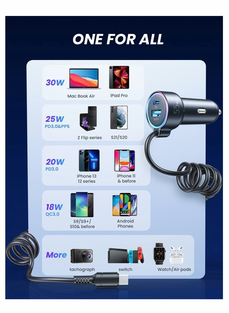 Y&D - USB C Car Charger, 55W 3 Port(Dual PD 3.0+QC 3.0)Fast Charger Adapter with Built-in Coil, Compatible iPhone 13/12/11, for iPad Pro/Mini, Galaxy S21/S20 etc - Image 1