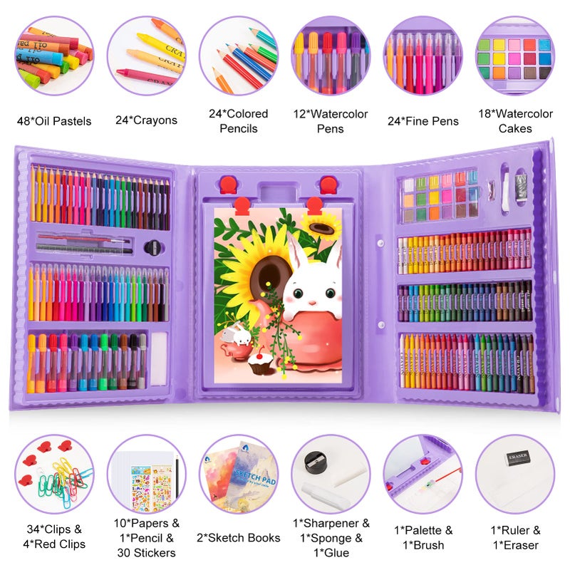 VigorFun Art Supplies, 240-Piece Drawing Art Kit, Gifts for Girls Boys Teens, Art Set Crafts Case with Double Sided Trifold Easel, Includes Sketch Pads, Oil Pastels, Crayons, Colored Pencils (Purple) - Image 2