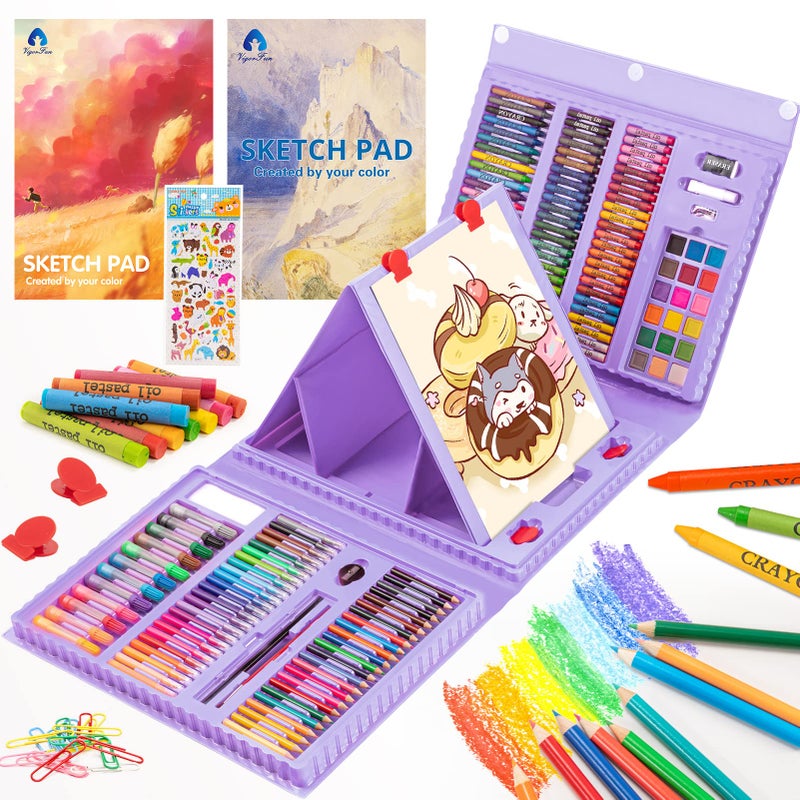VigorFun Art Supplies, 240-Piece Drawing Art Kit, Gifts for Girls Boys Teens, Art Set Crafts Case with Double Sided Trifold Easel, Includes Sketch Pads, Oil Pastels, Crayons, Colored Pencils (Purple) - Image 1