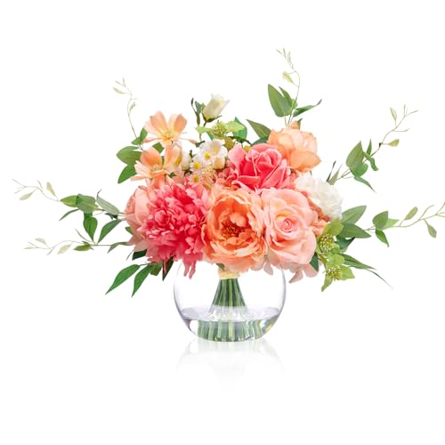 WELL KNOWN Artificial Flowers in Vase with Fake Water, Silk Peony Rose Flower Bouquet with Vase for Home Spring Decor Wedding Birthday Party Dining Table Centerpieces & Gift (Coral & Peach Plus) - Image 1