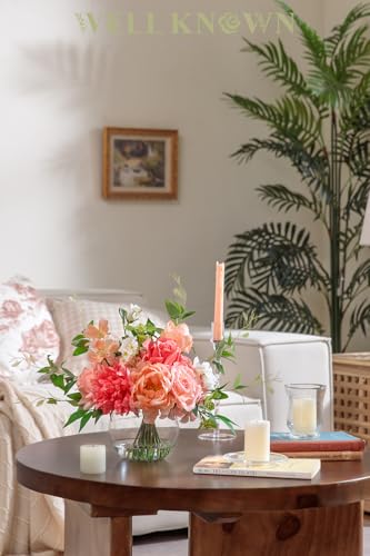 WELL KNOWN Artificial Flowers in Vase with Fake Water, Silk Peony Rose Flower Bouquet with Vase for Home Spring Decor Wedding Birthday Party Dining Table Centerpieces & Gift (Coral & Peach Plus) - Image 4