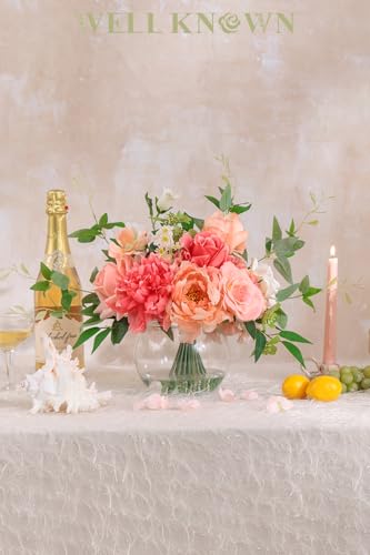 WELL KNOWN Artificial Flowers in Vase with Fake Water, Silk Peony Rose Flower Bouquet with Vase for Home Spring Decor Wedding Birthday Party Dining Table Centerpieces & Gift (Coral & Peach Plus) - Image 2
