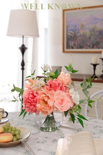 WELL KNOWN Artificial Flowers in Vase with Fake Water, Silk Peony Rose Flower Bouquet with Vase for Home Spring Decor Wedding Birthday Party Dining Table Centerpieces & Gift (Coral & Peach Plus) - Image 3