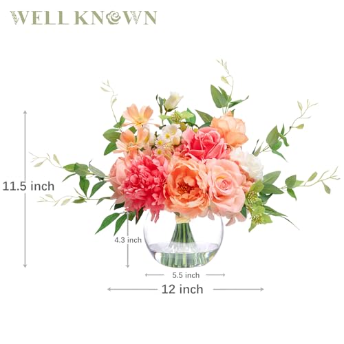 WELL KNOWN Artificial Flowers in Vase with Fake Water, Silk Peony Rose Flower Bouquet with Vase for Home Spring Decor Wedding Birthday Party Dining Table Centerpieces & Gift (Coral & Peach Plus) - Image 5
