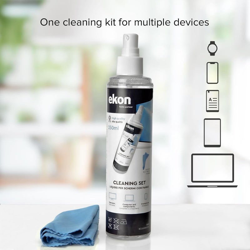 Ekon Screen Spray with Microfibre Cloth 250ml Cleaning Kit for Monitors, Laptops, Cameras, Camcorders, MacBooks, TVs, Smart TVs, Smartphones, Tablets Globally popular universal design - Image 1