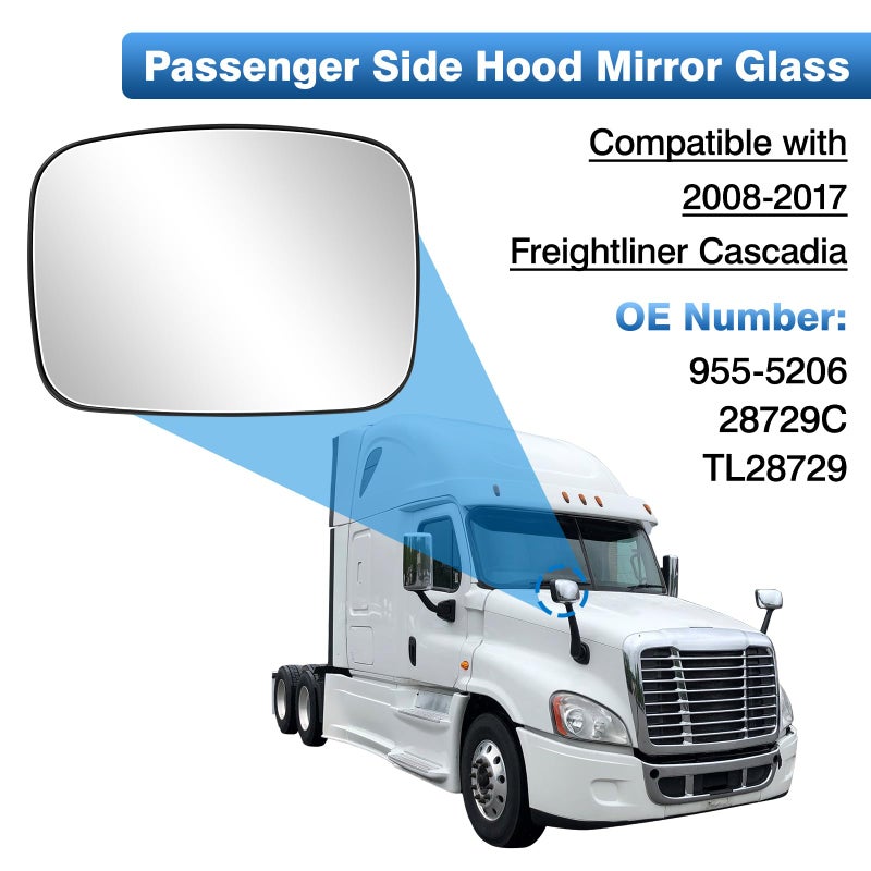 TOP-MAX Hood Mirror Glass Passenger Side Compatible with 2008-2017 Freightliner Cascadia, Semi Trucks Hood Mirror Assembly, Wide Angle Convex Glass with Backing Plate - Image 2