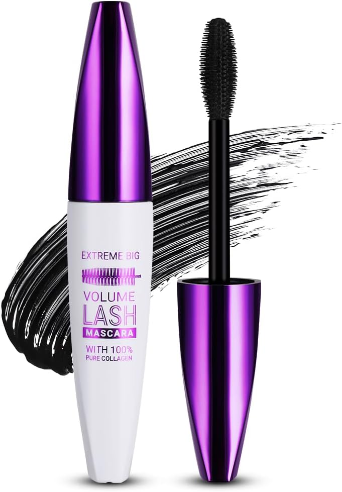 Extreme Big 5D Volume Lash MascaraBlack Silk Fiber Eyelash Lash Volumizing Thickening Volume Mascara with Big Soft Brush No Smudge False Lash Effect