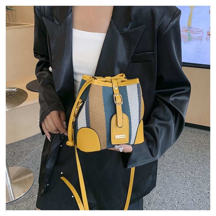 Striped Contrast Color Portable Bucket Bag For Women 2023 Autumn New Korean Style Fashionable Western Style Shoulder Messenger Bag - Image 2