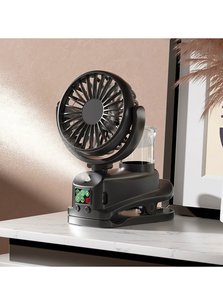 RUKYU - Portable Clip-On Handheld Fan with Mist Spray, 4-Speed Adjustable, Low Noise, LED Display, USB Rechargeable 18650 Lithium Battery, 1200mAh, for Office, Outdoor, Desk Use（Black） - Image 1