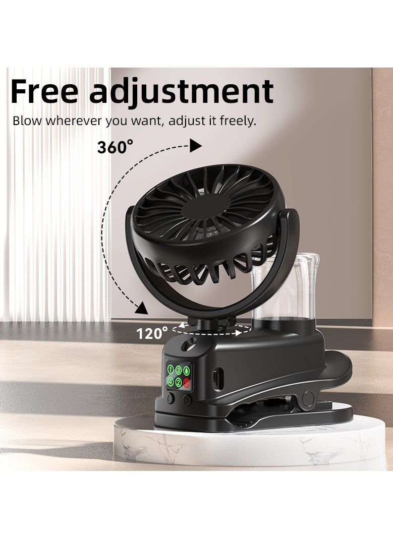RUKYU - Portable Clip-On Handheld Fan with Mist Spray, 4-Speed Adjustable, Low Noise, LED Display, USB Rechargeable 18650 Lithium Battery, 1200mAh, for Office, Outdoor, Desk Use（Black） - Image 1