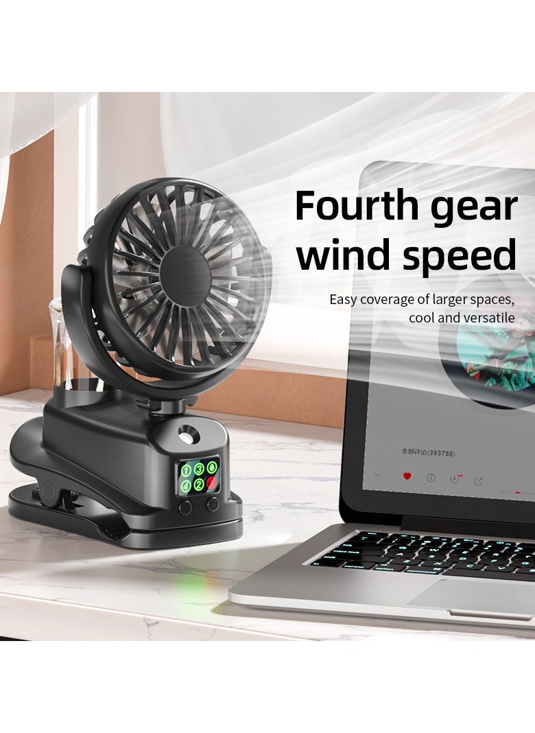 RUKYU - Portable Clip-On Handheld Fan with Mist Spray, 4-Speed Adjustable, Low Noise, LED Display, USB Rechargeable 18650 Lithium Battery, 1200mAh, for Office, Outdoor, Desk Use（Black） - Image 1