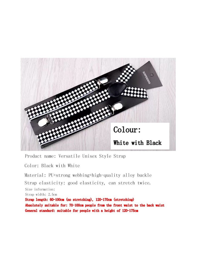 1-Piece 2.5CM Width Adjustable Elastic Y Style Suspenders,Unisex Braces for Men and Women With Strong Metal Clips,Colour Black and White - Image 1