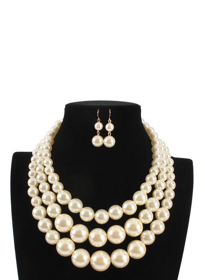 NIBEMINENT Trendy Pearl Short Multi Layer Necklace And Earrings Jewellery Set White - Image 1
