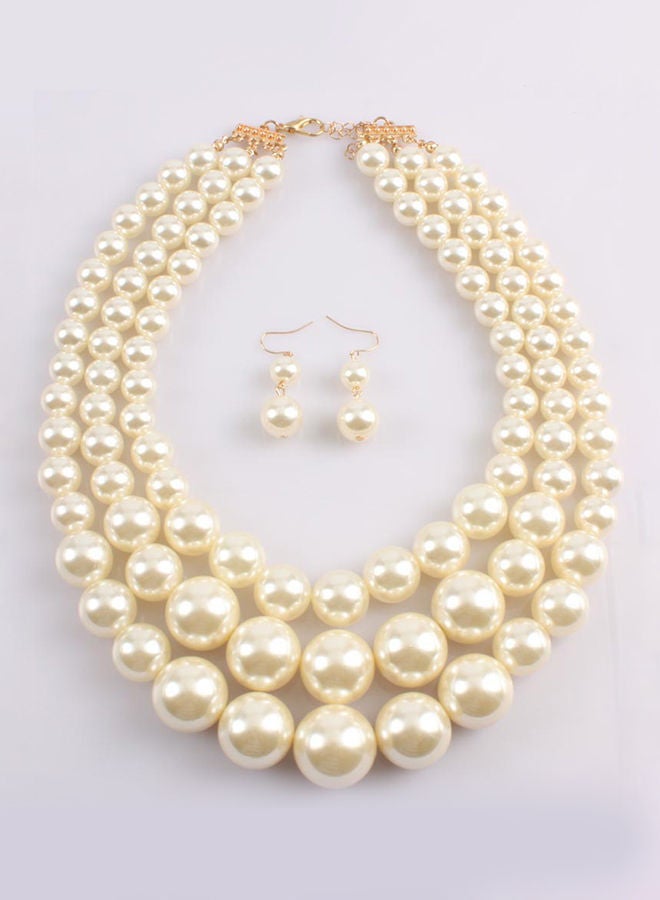 NIBEMINENT Trendy Pearl Short Multi Layer Necklace And Earrings Jewellery Set White - Image 3