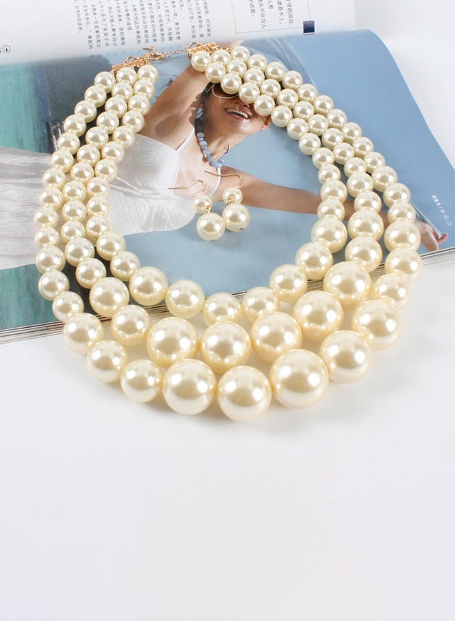 NIBEMINENT Trendy Pearl Short Multi Layer Necklace And Earrings Jewellery Set White - Image 2