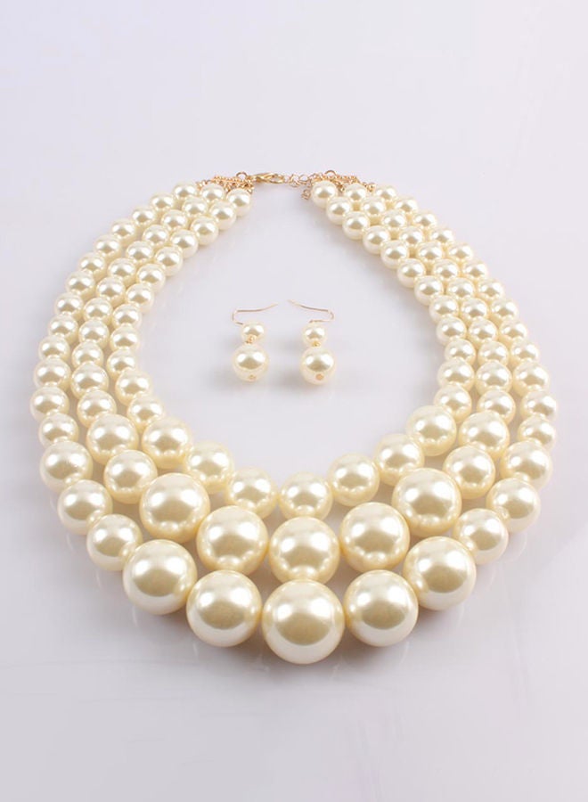 NIBEMINENT Trendy Pearl Short Multi Layer Necklace And Earrings Jewellery Set White - Image 4