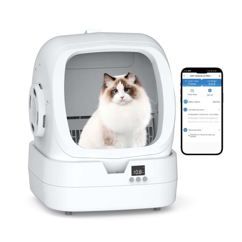 Mintakawa Automatic Cat Litter Box Self Cleaning - APP Control and Weight Monitoring - Ultra-Quiet, Suitable for Medium Cats and Kittens, Safe Anti-Pinch Litter Box (Assembly Required) - White - Image 1