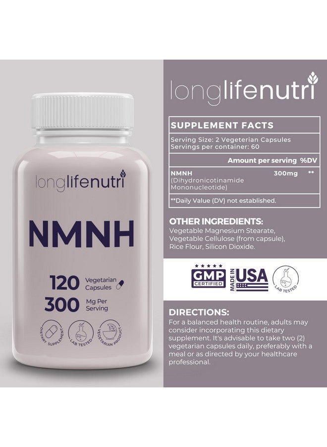 LongLifeNutri NMNH 300mg (Dihydronicotinamide Mononucleotide) - 120 Vegan Capsules, 2-Month Supply, NMN Alternative, NAD Supplement for Energy & Longevity, Lab Tested, Made in USA - Image 2