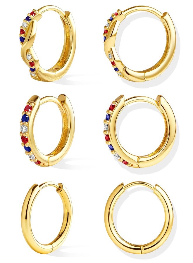 Inerney Gold Huggie Hoop Earrings Set for Women, Dainty Small Sterling Silver Earring for Multiple Piercing Hypoallergenic Jewelry, Trendy Twisted CZ Cartilage Earings for Women's Mother Gifts 3Pairs - Image 1