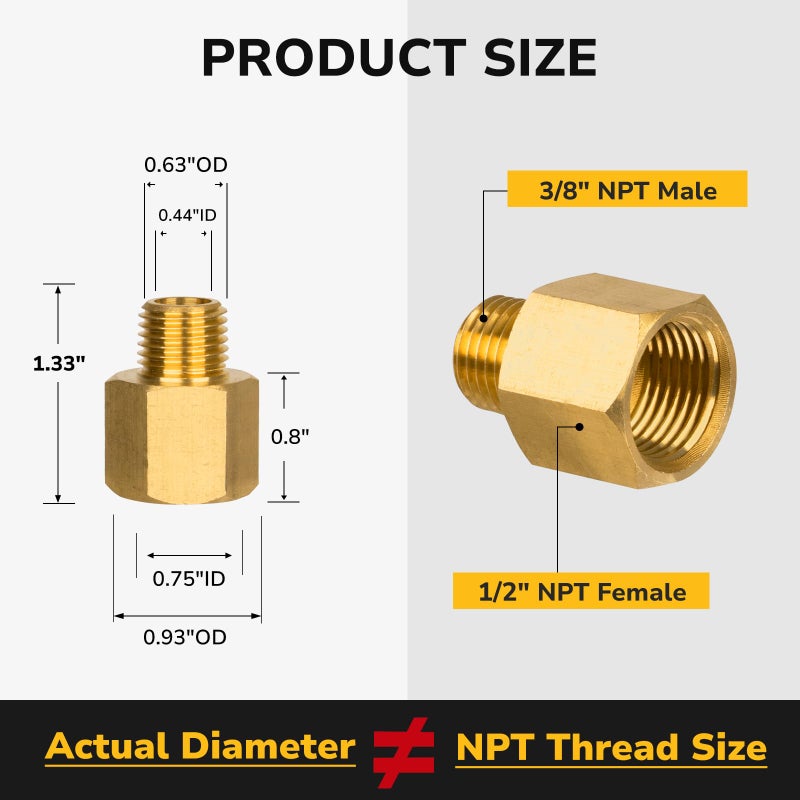 KAINGA Brass Pipe Fitting, 3/8" NPT Male Ã— 1/2" NPT Female Reducer Adapter, Heavy Duty, Corrosion Resistant Brass Pipe Extension Connectors for Air, Oil, LP and Natural Gas, 1200 PSI Rated (1-Pack) - Image 2