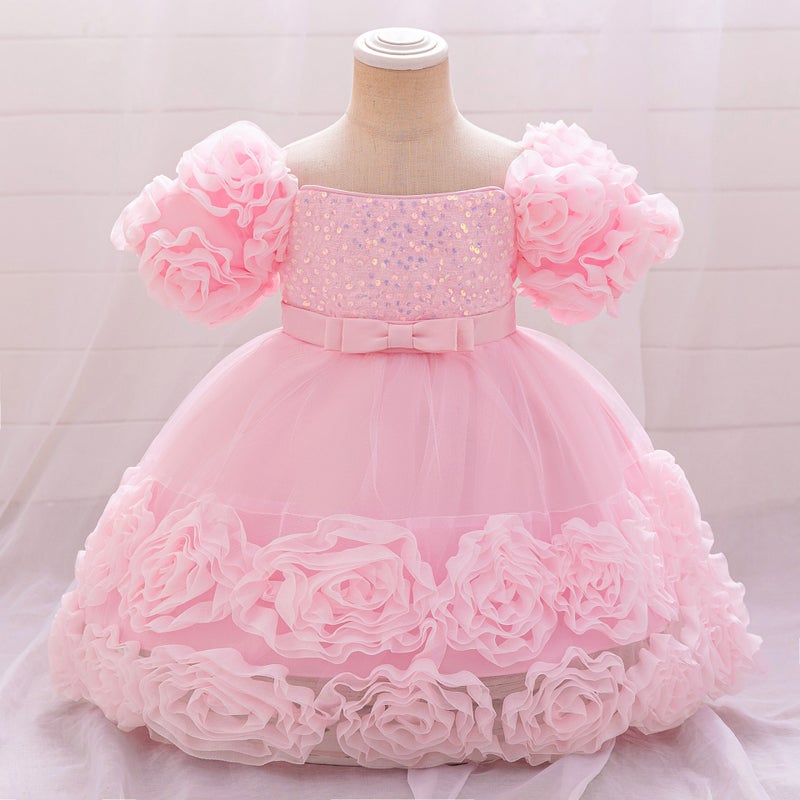 Cross-border New Girls Dress Decal Princess Dress One-year-old Dress Flower Girl Dress Bubble Sleeve Rose dress L2283XZ-Pink