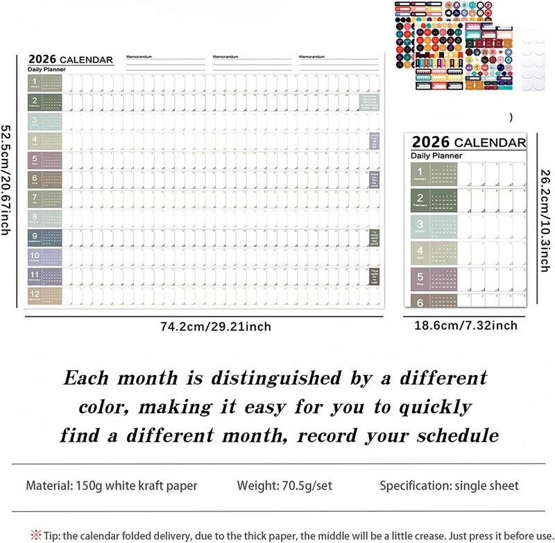 2026 Wall Calendar Planner, Poster Calendar 2026 Planner, 365-Day Schedule, Wall-Mounted Year-Round Planner Calendar with Grid Day Boundaries for Home, Office, School Projects - Image 2