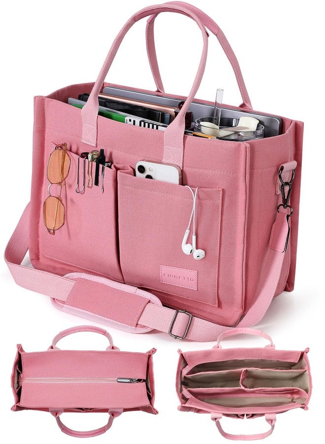 FIORETTO Canvas Tote Bag for Women with Zipper Closure & Individual Compartments for Work College, Crossbody Laptop Tote Purse Handbag with Detachable Strap & Bottom Support for Teacher & Nurse Pink - Image 1