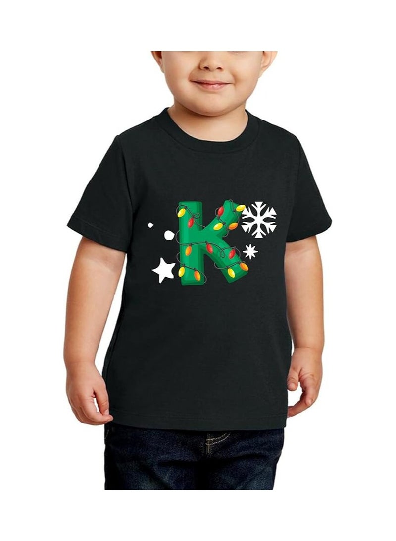 Christmas Initial Letter Printed Kids T-Shirts For Boys-Fun And Festive Holiday Gift For Your Little Guy-Gifts For Friends And Family Printed Round Neck T-Shirts For Kids