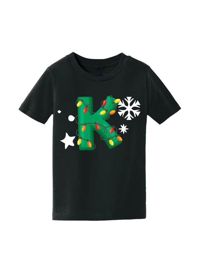 Christmas Initial Letter Printed Kids T-Shirts For Boys-Fun And Festive Holiday Gift For Your Little Guy-Gifts For Friends And Family Printed Round Neck T-Shirts For Kids