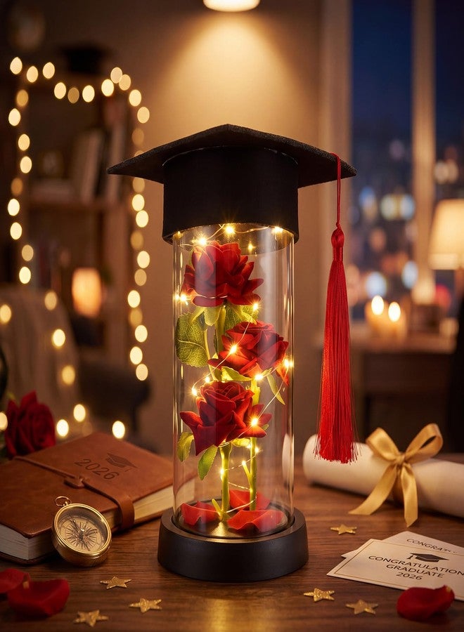 Threehoney 2026 Graduation Rose in Dome with LED Light and Grad Cap, Light up Artificial Red Rose in Shatterproof Clear Dome, Class of 2026 High School College Grad Gifts with Window Box - Image 4