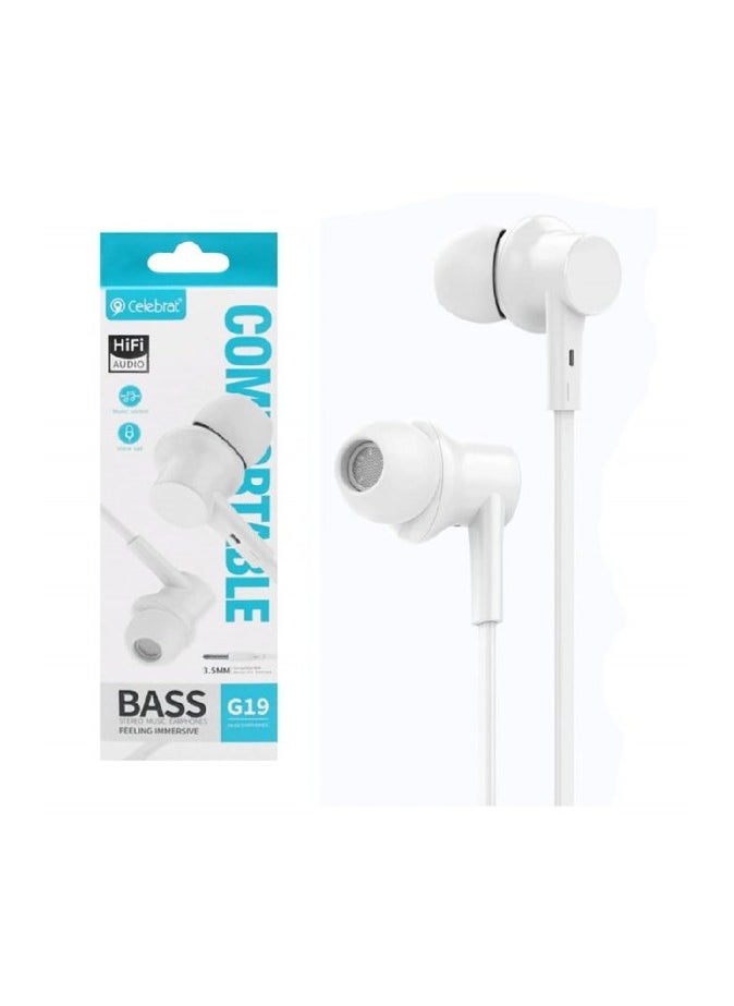 Celebrat - Celebrat G19 Wired Ultra Bass Stereo Sound Earphones With Microphone And Controller Button Pure And Balanced Stereo Sound And Clarity In Calls Fits Various Smart Devices 3.5 mm Audio Pin - White - Image 1