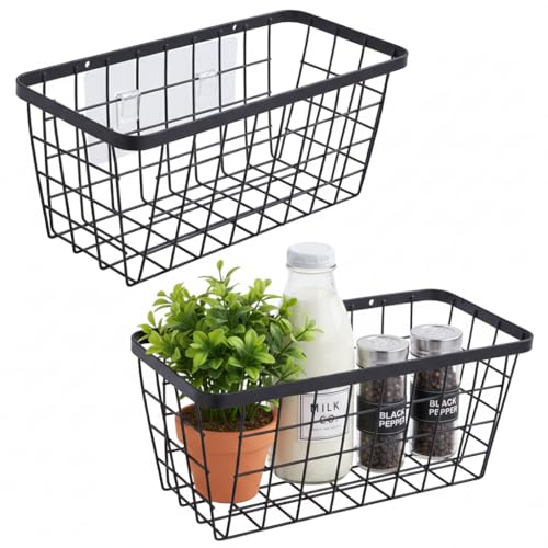 LeleCAT 2 Pack Hanging Wall Basket Organizer Over the Cabinet Door Wire Baskets for Organizing -Space-Saving Hanging Baskets for Organizing Wall Mount Storage,No Drilling Adhesive Wall Storage Basket, Black - Image 1