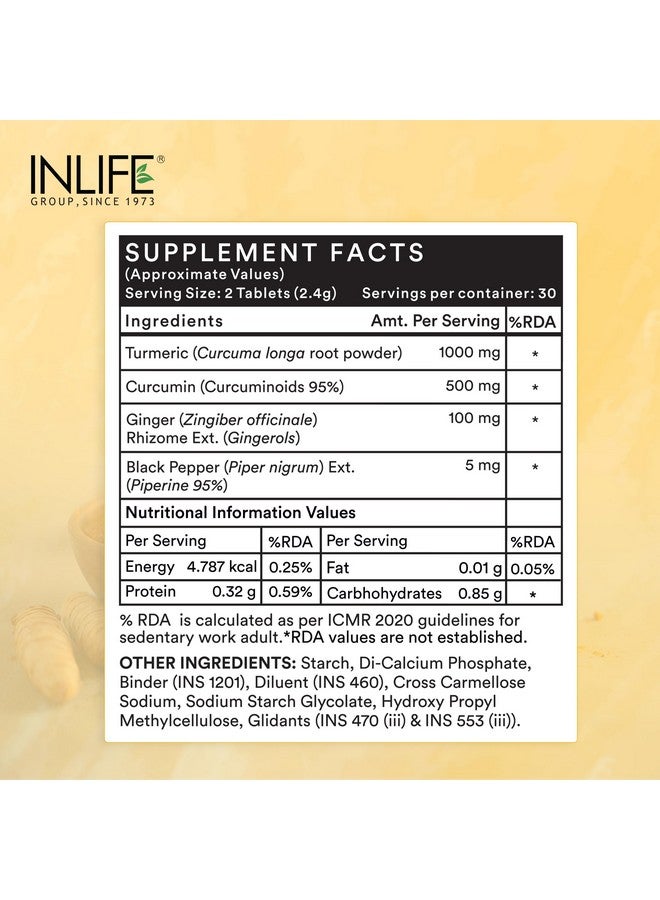 Inlife أقراص إنلايف الكركمين مع البيبيرين | 95% كركومينويد مع مسحوق جذر الكركم | مضاد للأكسدة ومضاد للالتهابات | مستخلص الكركم والزنجبيل، 1605 ملغ - 60 قرص (عبوة من 1) - Image 2